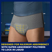 TENA Protective Incontinence Underwear for Men, Maximum Absorbency, Gray, Large 34-44in Waist, 80 Count