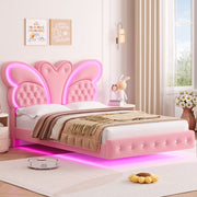 Homfa H-1055946A Queen Size Velvet Upholstered Bed with LED Lights, Pink