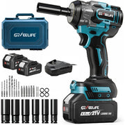GEVEELIFE Cordless Impact Wrench, 21V Brushless Motor, 650Nm Torque, 0.5in Drive, Variable Speed, Blue, Includes 2 Batteries and Charger