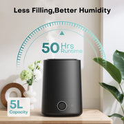 ALROCKET Ultrasonic Humidifier, 5L Cool Mist, Top-Fill Design, 48H Runtime, 28 dB Quiet Operation, Essential Oil Diffuser, Black, DH-JSD05