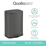 QualiaZero Kitchen Trash Can, 13.2 Gallon Rectangular Stainless Steel, Matte Gray, Soft-Close Lid, Step Pedal, Fingerprint-Resistant, QZ10014
