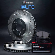 R1 Concepts Rear Brake Kit, eLINE Silver Drilled Slotted Rotors, Optimum OEp Brake Pads, Cast Iron, Direct Replacement, WGUH1-03447