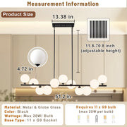 Uznhty 11-Lights Linear Chandelier with Frosted White Glass Globes, Black Metal Frame, Adjustable Height, 51 Inch