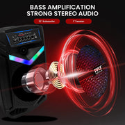 Pyle Portable Bluetooth PA Speaker System, 800W Peak Power, 12-Inch Subwoofer, 1-Inch Tweeter, Rechargeable Battery, USB/SD Playback, Microphone Input, Party Lights, Black, PPHP1242B