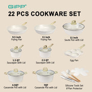 GIPP 22pcs Ceramic Nonstick Cookware Set, Dishwasher Safe, Induction Compatible, White