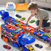 Dinosaur Transport Truck Toy with 12 Alloy Cars, 57-inch Transforming Race Track, Green, Ages 3-5 Toddlers