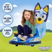 Flybar Bluey 6V ImaginAir Ride-On Bumper Car with Inflatable Character, LED Lights, Adjustable Seat Belt