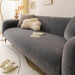 Lisine Faux Rabbit Fur Sofa Slipcover, Fluffy Plush, Non-Slip Furniture Protector, Dark Gray, Fits 4-Seat Sectional 75-90in