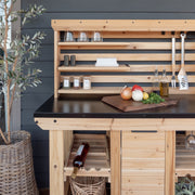 Backyard Discovery 48in Cedar Wood Buffet Hutch Serving Station with Powder-Coated Galvanized Steel Countertop, Wine Rack, Modular Shelves, Towel Bar, Heavy-Duty Casters, 2304116