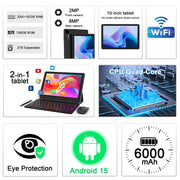 CUPEISI Android 15 Tablet, 10.1-Inch IPS HD Screen, 20GB RAM, 128GB Storage Expandable to 2TB, Quad-Core 2.0GHz Processor, 5G WiFi 6, Bluetooth 5.0, 2-in-1 with Keyboard Case Mouse Stylus, CP31M