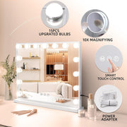 COOLJEEN Large Hollywood Vanity Makeup Mirror with 15 LED Lights, Adjustable Brightness, 3 Color Modes, 10x Magnification, White Metal Frame, Wall Mount and Tabletop, 5846NU-White