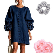 Generic Floral Button-Down Mini Dress with Artisan 3D Floral Cuffs, Blue, Round Neck, Long Puff Sleeves, Relaxed A-Line Shift