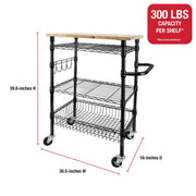 Rubbermaid 85031B 3-Tier Heavy Duty Black Rolling Utility Cart with Solid Wood Top, 300lb Capacity