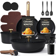 Carote 21-Piece Ceramic Cookware Set with Detachable Handles, Nonstick, Induction Compatible, Black, 5329872162