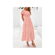 PRETTYGARDEN Summer Dress for Women, Eyelet Floral Pattern, Square Neck, Puff Sleeve, Smocked Waist, Maxi Length, Pink, with Pockets