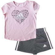 Adidas Girls Active 2 Piece Outfit Set, Cotton Short Sleeve T-Shirt, 3-Stripe Shorts, Medium Pink, Size 6