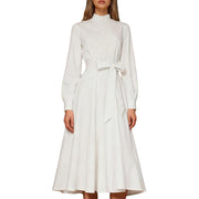 FYEGRE Clergy Dress for Women, Long Sleeve A-Line Maxi Dress with Stand Collar and Belt, White, Size S