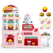 Richgv Cash Register Play Food Set, 40-Piece Pretend Restaurant Toy with Voice Broadcasting, Play Money, Food Rotating Rack, Pink