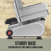 Mossy Oak Electric Meat Slicer, 7.5-Inch Serrated Stainless Steel Blade, Adjustable Thickness Dial, 150-Watt Motor, BPA-Free Food Pusher