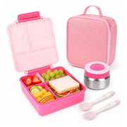 PoppiKids Bento Lunch Box Set with 4-Section Leak Proof Container, Insulated Stainless Steel Thermos Food Jar, Spoon and Fork Utensils, Insulated Lunch Bag, Pink