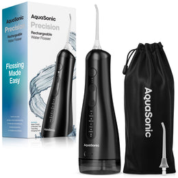 AquaSonic Precision Rechargeable Cordless Water Flosser, Customizable 5 Modes with 8 Pressure Levels, Black, 290ml Reservoir, Travel Bag, 2 Flossing Tips