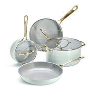 Chef Power 7 Pcs Ceramic Cookware Set, Non-Stick Pots and Pans with Stainless Steel Handles, Oven and Dishwasher Safe, Sage Green with Light Gold Handles, AHUSNS01162