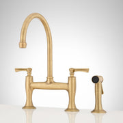 Signature Hardware Marceau Double Handle Bridge Kitchen Faucet, 1.75 GPM Flow Rate, Side Spray, Aged Brass