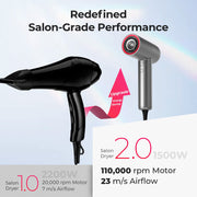 TYMO HC602GM Ionic Hair Dryer, Professional 1500W High Speed, Lightweight Blow Dryer with Low Noise, 4 Temperature Settings, 3 Speeds, Silver