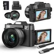 Xlurc 4K Digital Camera For Photography 56MP Vlogging Camera With Wifi 16X Digital Zoom 3 Flip Screen Travel Camera 52mm Lens With 32GB TF Card & 2 Battery