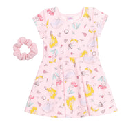 Disney Princess Little Girls Skater Dress and Matching Scrunchie Set, Pink, Cotton-Blend French Terry, Short Sleeve, P-G1D3602PR