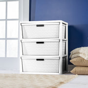 Sterilite Wide 3 Drawer Tower Storage Cart with Removable Decorative Bins, White, 4430-80