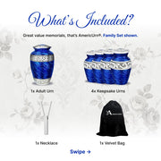 Americurn Eternal Blue Cremation Urn Set, Large Adult Urn with 4 Keepsake Urns and Memorial Necklace, Handmade Sand-Cast Design, Secure Screw-Top Lid, Deep Blue with Silver Accents, BLUE_5PA-NU