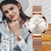 OLEVS 5189 Womens Casual Dress Analog Quartz Watch, Gold Mesh Strap, Double-Heart Dial, Luminous Hands, White
