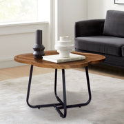 CERBIOR Vintage Modern Small Round Coffee Table, Wood Flower Finish, Wooden Surface Top, Sturdy Metal Legs, Raised Edge Design, 15 in