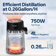 SPECSTAR Water Distiller Countertop, 1.06 Gallon Capacity, 750W, Stainless Steel Interior, Smart Switch, Black