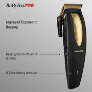 BaBylissPRO LithiumFX Gold Hair Clipper, Cord/Cordless, 5-Position Taper Control, Gold Titanium Tri-Blade, 2-Hour Lithium-Ion Battery, Ergonomic Grip, Black Gold, FX673NS