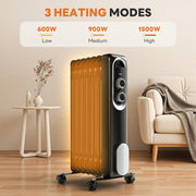 MCQ Basic Electric Oil Filled Radiator, Adjustable Thermostat, Quiet Space Heater, Portable with Casters, Black