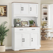 Homfa 74in Pantry Cabinet with Hutch, Tall Kitchen Storage Cabinet with Oak Countertop, White, 6 Doors, 4 Shelves, 2 Drawers