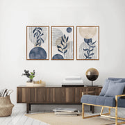 TOARTi Boho Plant Wall Art Set of 3, Blue Framed Canvas, Abstract Geometric Botanical Prints, 16x24 in