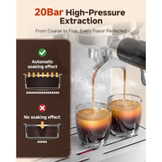 Sunmaki 20 Bar Espresso Machine with Built-in Grinder, Semi-Automatic, 1350W Coffee Maker, Touch Screen, Stainless Steel Body, Milk Frother Wand, 35 Grind Settings, Adjustable Temperature, Cold Brew Mode, CM1626-SV