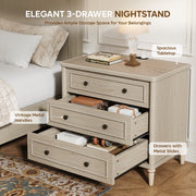 Bestier Farmhouse Nightstand Set of 2 with 3 Drawers, Integrated Charging Station, Distressed Oak Finish, 30-Inch Tabletop, US-B202176H-SN