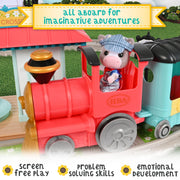 Sunny Days Entertainment Honey Bee Acres Thistlestop Electric Train Station Set, Motorized Train with Realistic Lights and Sounds, Poseable Cow Figure, 19 Pieces