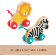 Fisher-Price Wooden Push Along Animals Toy Set, Lion and Zebra Vehicles with Silicone Wheels, Sustainable Wood, Infant Crawling Play, JFN19