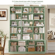 Homfa 5-Tier Triple Wide Bookcase with 15 Cubes, 4 Doors, 2 Cabinets, Green, 59.1in x 9.3in x 82.3in, 1077476
