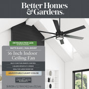 Better Homes & Gardens 56 in Indoor Ceiling Fan with Color Changing LED Light, 6 Reversible Blades, Remote Control, Reversible Airflow, Matte Black, BHS231046105