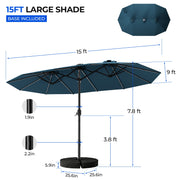 TASKBAY 15ft Double-Sided Rectangular Patio Umbrella with 48 Solar-Powered RGB LED Lights, Crank Handle, Blue, Freestanding with Sandbag Base
