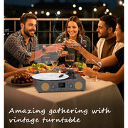 TANLANIN Record Player, 3-Speed Belt-Driven Turntable with Built-In Speakers, FM Radio, Bluetooth, RCA Line Out, AUX In, USB Recording, Auto Stop, Gray