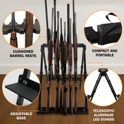 Rush Creek Creations Fold & Go Aluminum 10 Gun Stand, Portable Foldable Floor Rack with Adjustable Base, Cushioned Barrel Rests, Black, 38-5010