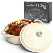 Segretto Cookware 7-Quart Oval Enameled Cast Iron Dutch Oven Pot with Lid, White, Oven Safe, Nonstick, SCDO7QTW