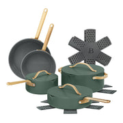 Beautiful 19917 12-Piece Ceramic Nonstick Cookware Set, Pots & Pans w/Strainer Lids, Thyme Green by Drew Barrymore